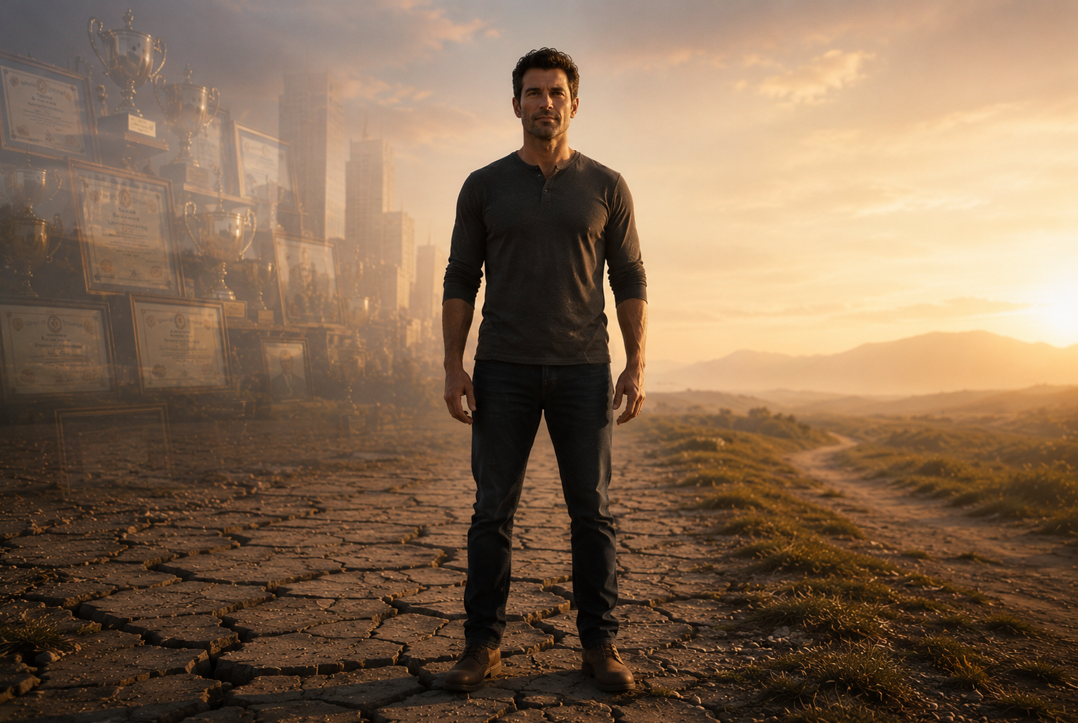 Man standing tall on cracked ground with ghosted trophies and certificates behind him and an open horizon ahead representing the moment a man sees his worth was never defined by his achievements