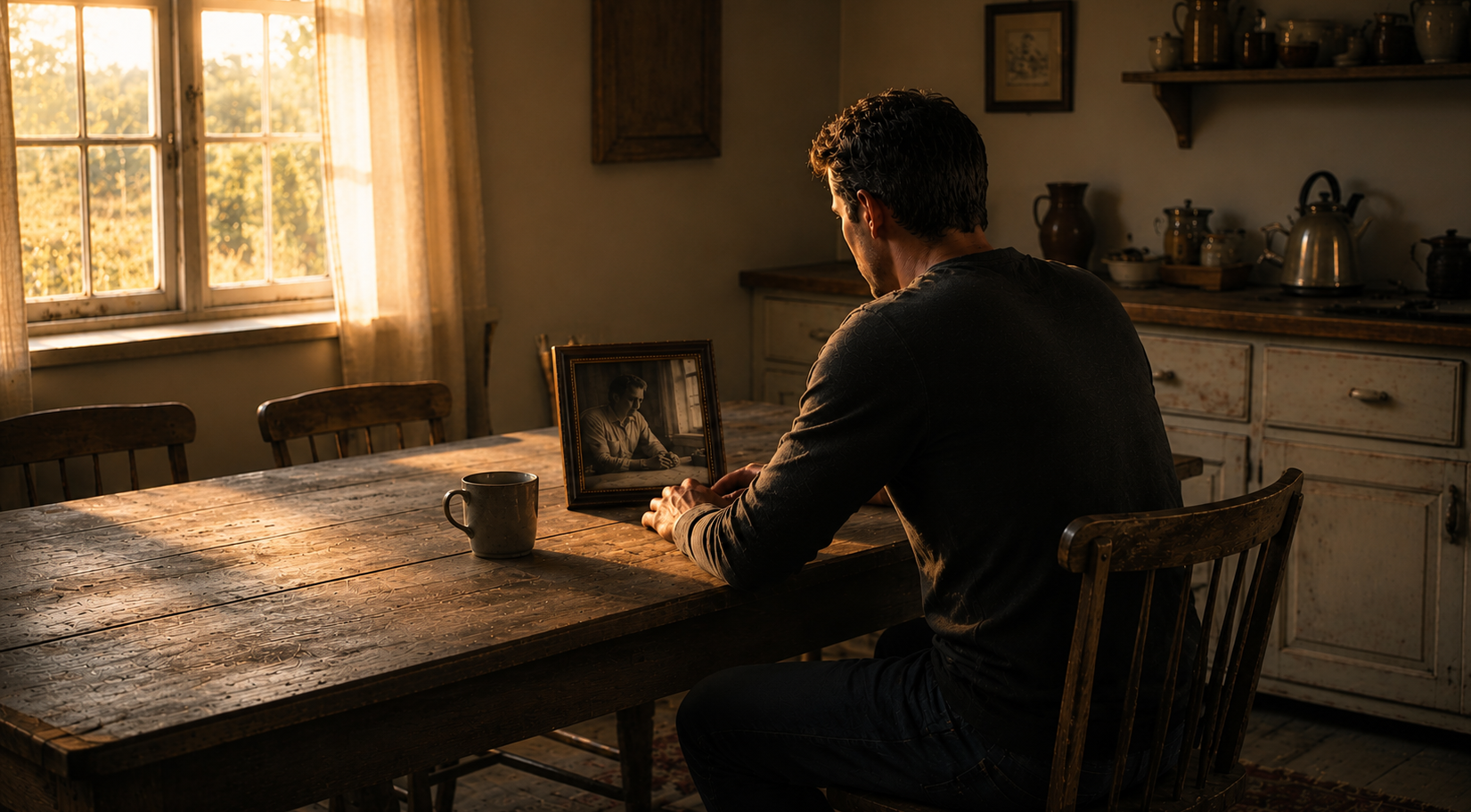 A man sits at a worn kitchen table at dawn looking down at a framed photograph of his father, who is shown in the photograph sitting at the same table.
