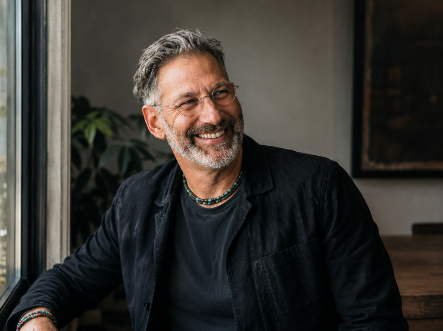 Daniel in casual sport jacket, black t-shirt, sitting by window smiling.