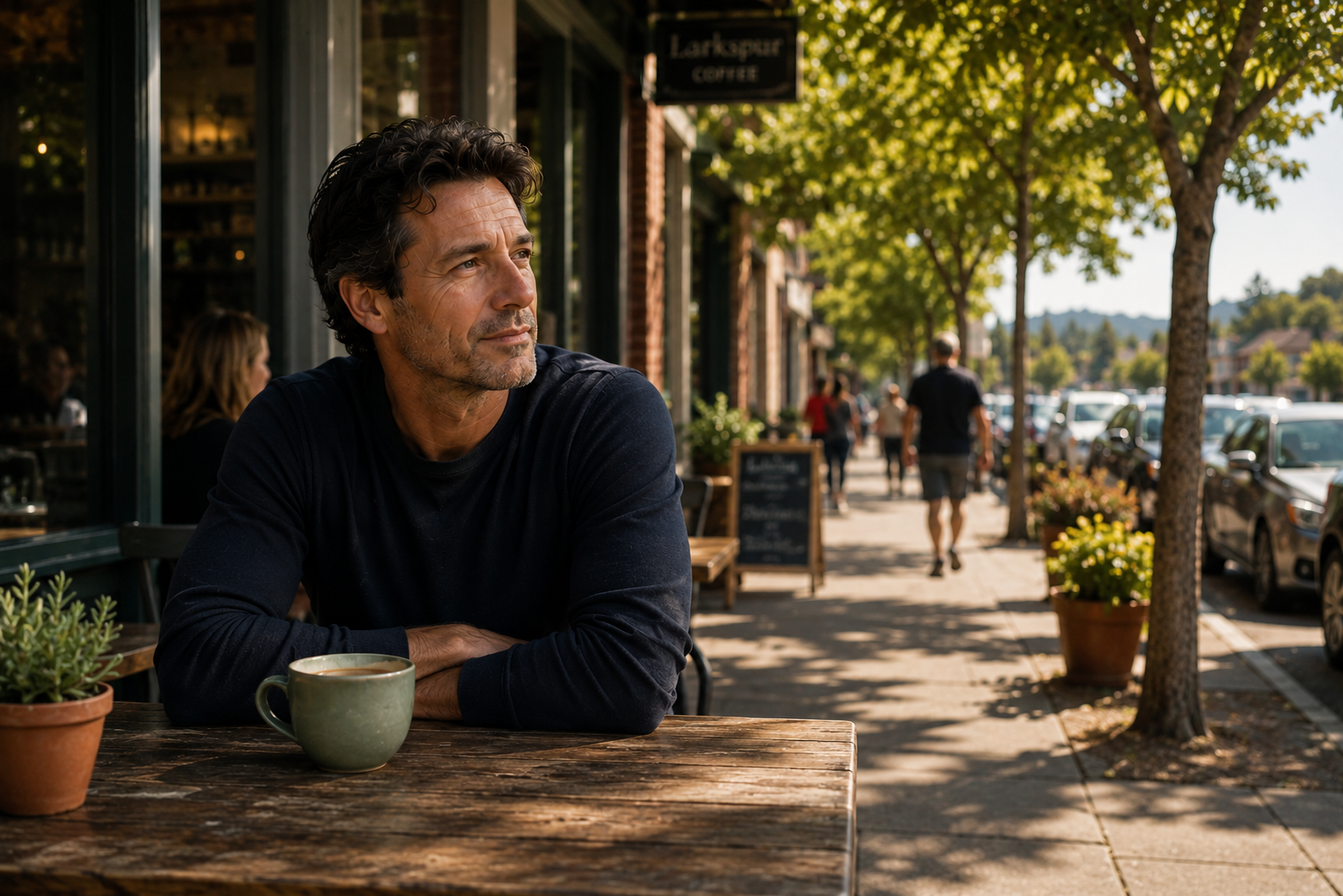 Gen-X guy sitting at outdoor cafe