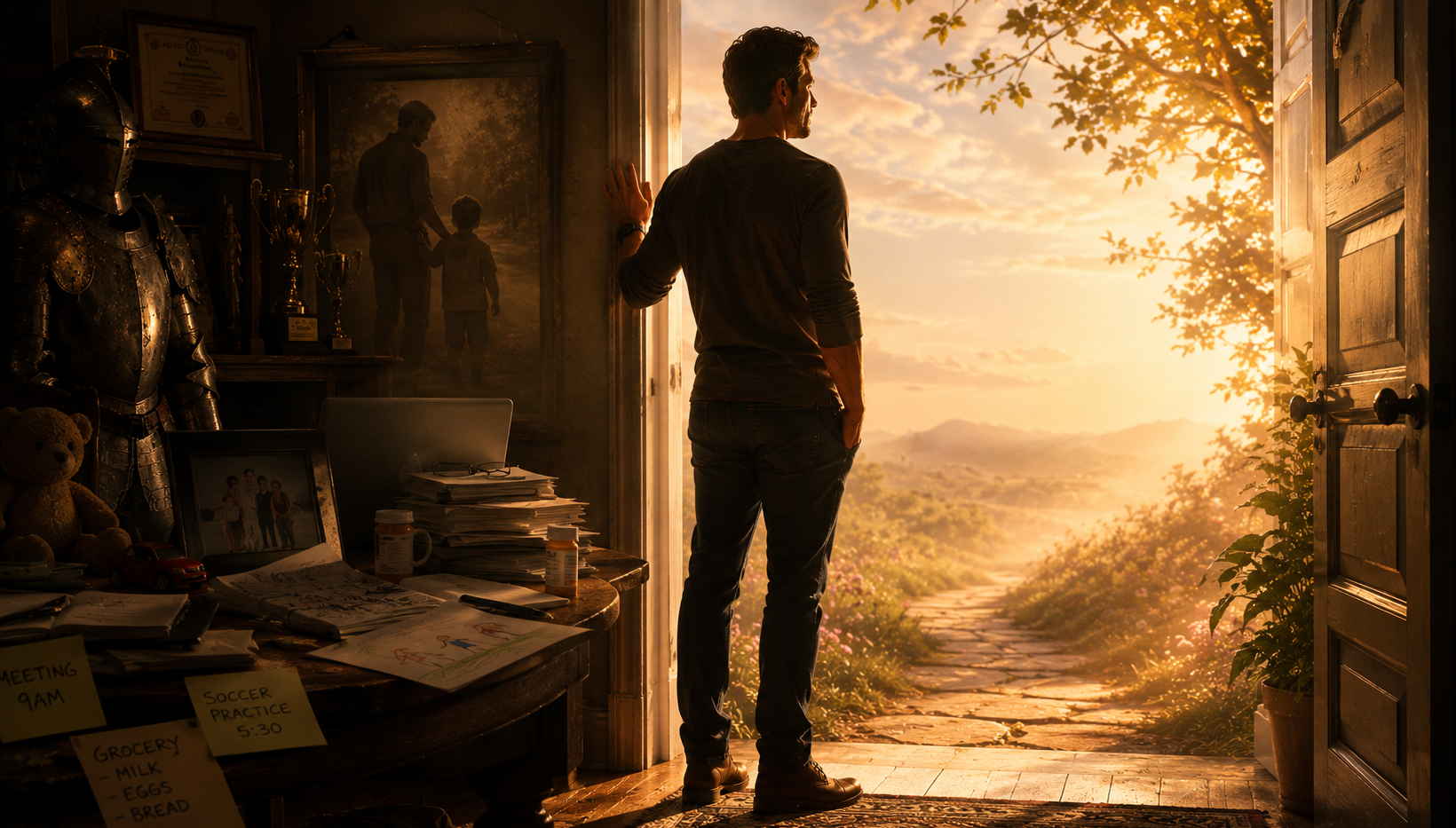 Man standing at an open doorway hand on the frame looking out toward open light and landscape with armor desk and shadows of inherited stories visible behind him representing the moment a man steps toward his authentic self