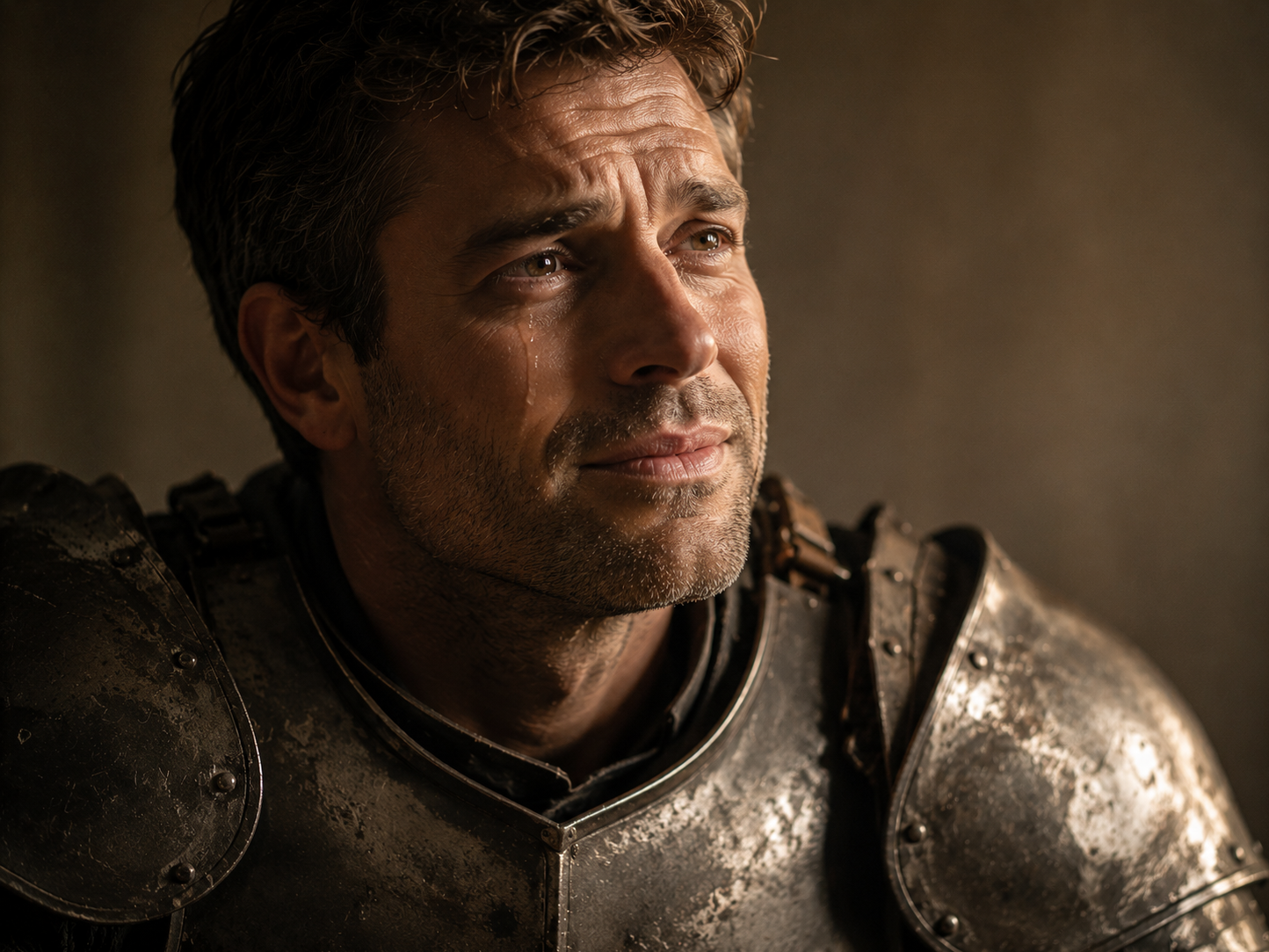 Man in worn plate armor with face fully visible and a single tear on his cheek looking toward something out of frame representing the first crack in decades of emotional suppressio
