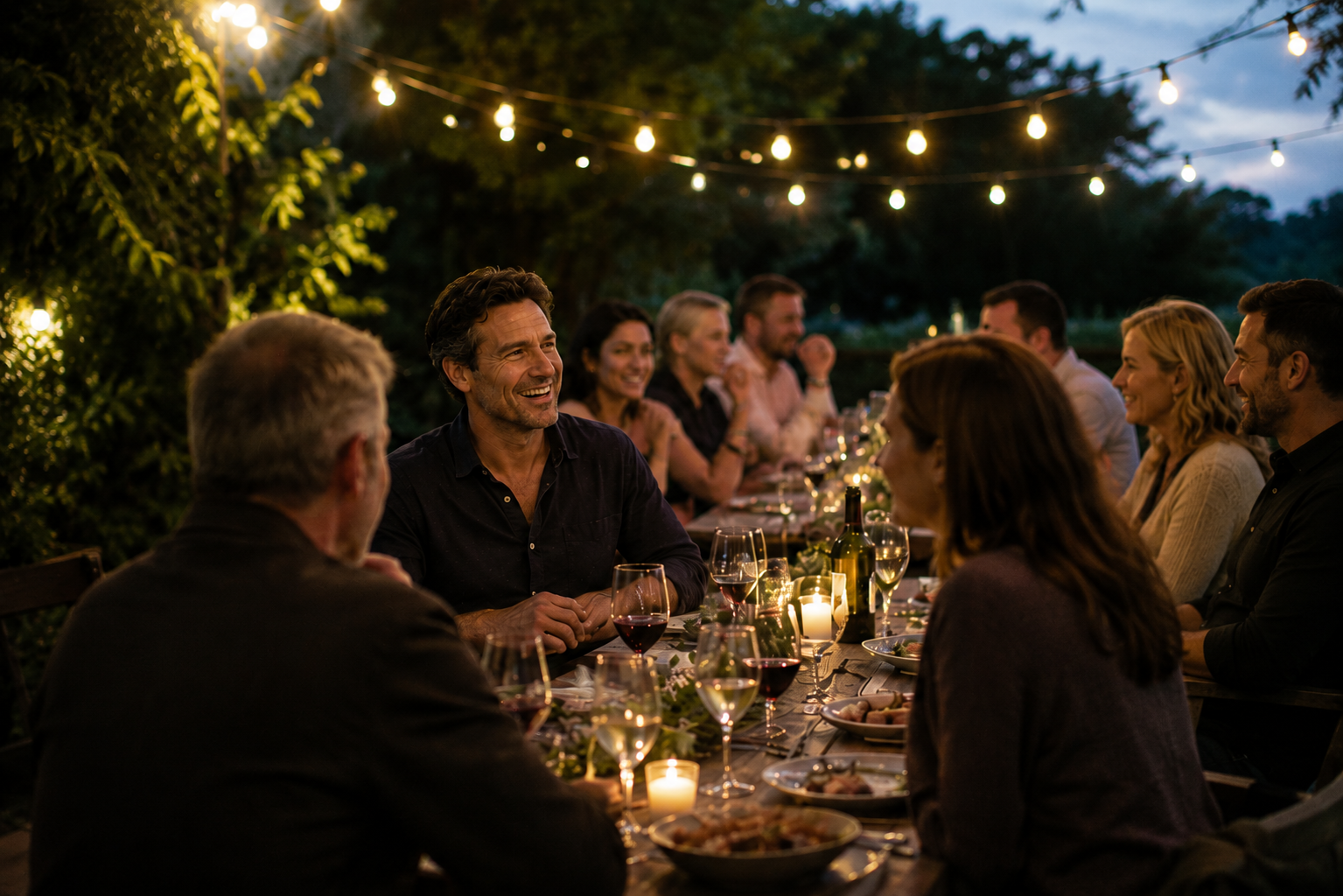 Man at an outdoor dinner party - engaged, fully connected, nothing to prove. Pure being