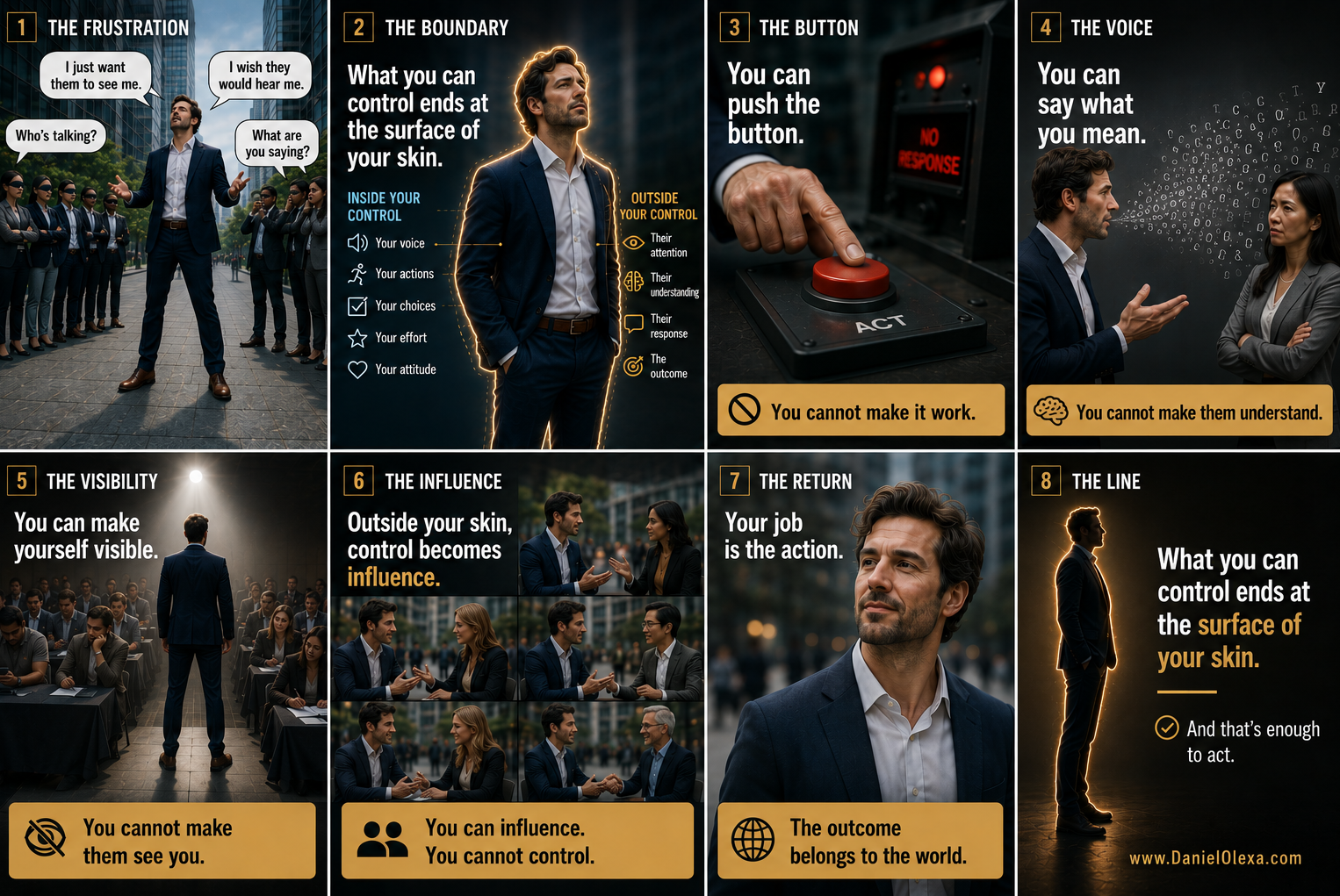 Eight-panel illustration of a high-achieving man learning what he can and cannot control, moving from frustration to calm self-possession.