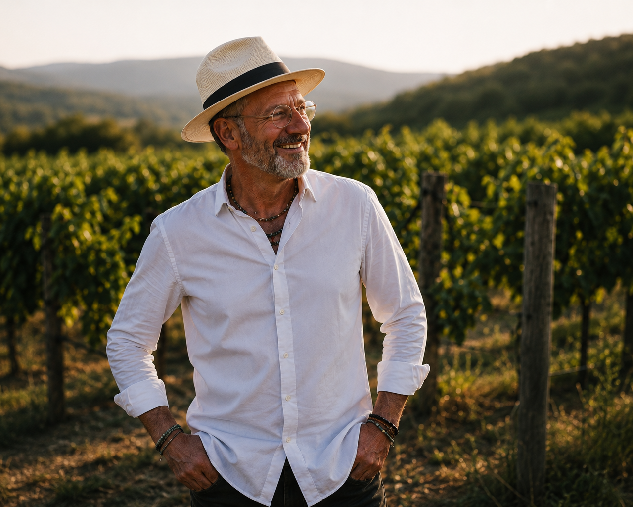 Daniel in white linen shirt, smiling in a vineyard. Grounded, connected, happy