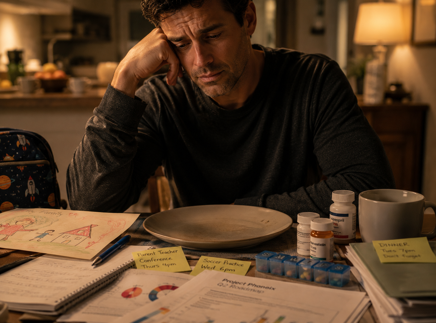 Man sitting alone at a table with an empty plate surrounded by everyone else's needs including children's homework, medication, work papers and sticky note reminders with nothing left for himself