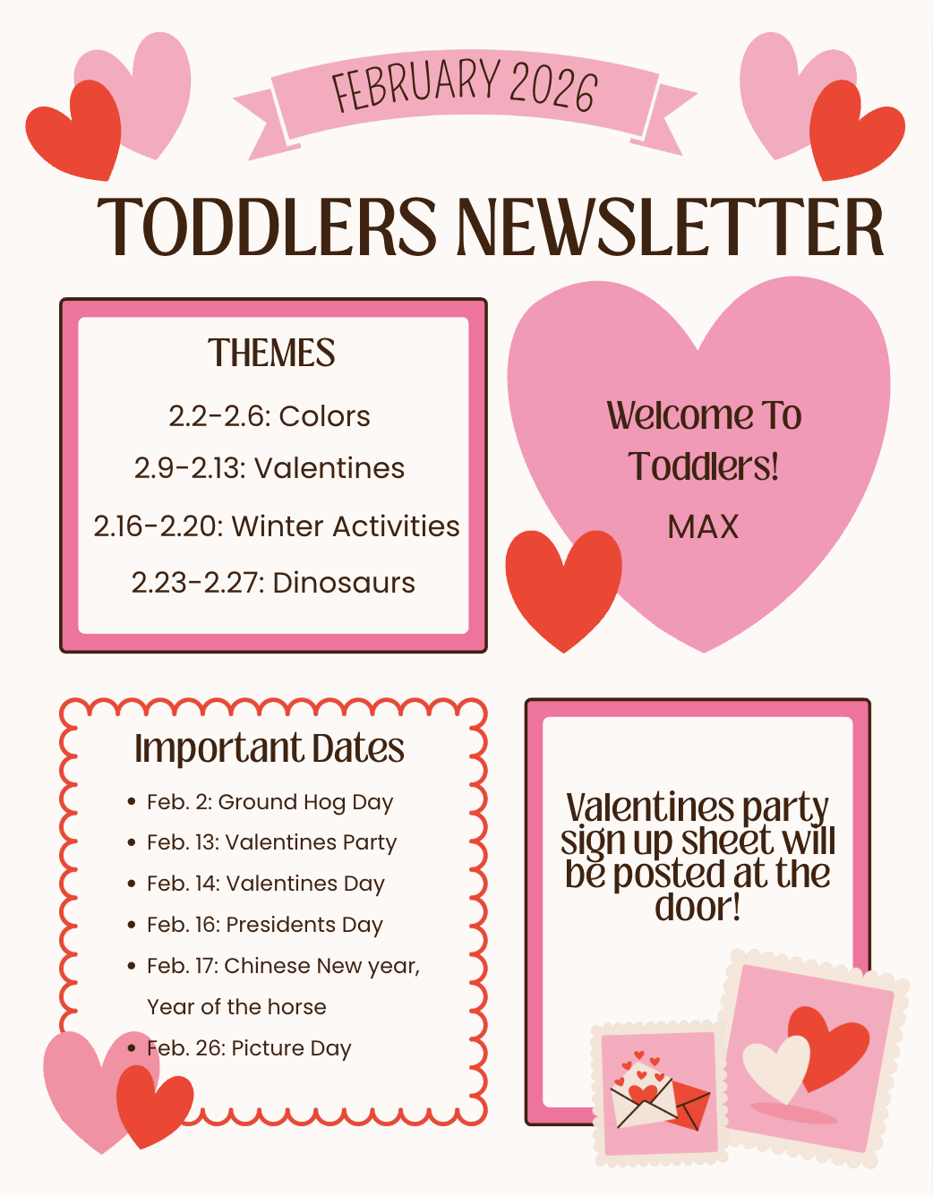 I worked with a daycare to create newsletters to send to parents of the toddlers. This newsletter opened up a new experience for me, opening up a new audience working with parents and sharing weekly news.  