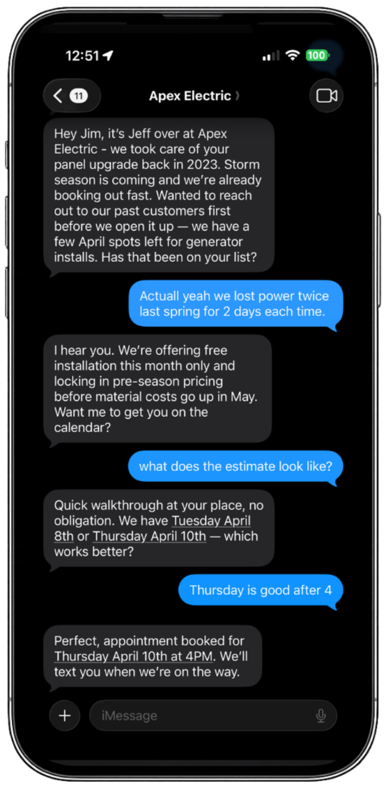 Text message conversation on a smartphone screen about scheduling an appointment for a generator install at Apex Electric.