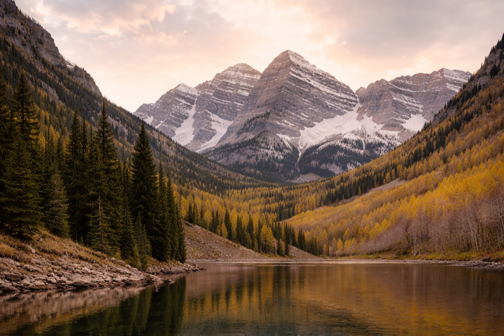 A serene mountain landscape featuring a calm lake surrounded by dense evergreen trees, with snow-capped mountains in the background under a pastel-colored sky.