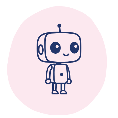 Een schattige cartoonrobot met een grote ronde kop, grote ogen en een klein lichaam, getekend in blauw op een roze achtergrond.