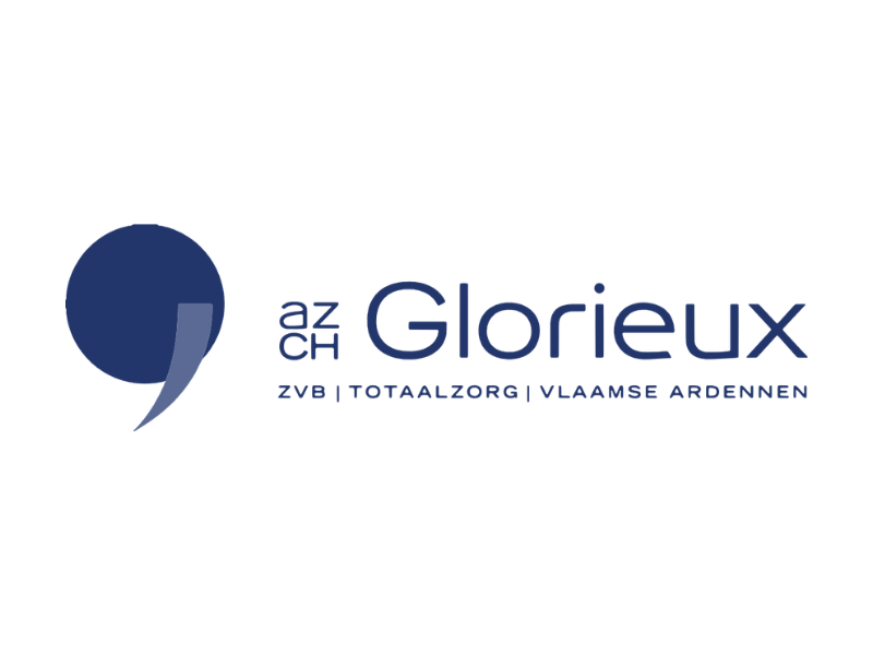 Logo van AZ Glorieux met een blauwe donatie- en zorgorganisatie, inclusief tekst 'AZ Glorieux', 'ZBE', 'Totaalzorg', en 'Vlaamse Ardennen'.