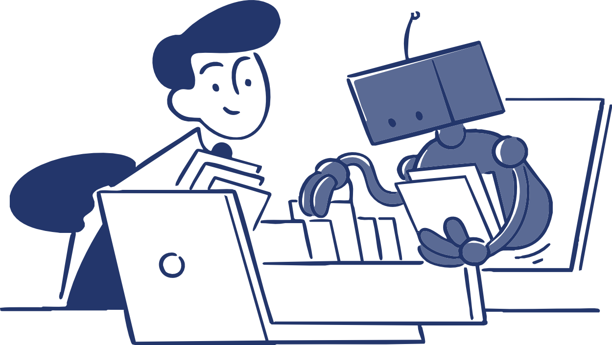 Een mens en een robot die samen op een bureau werken met laptops en tablets.