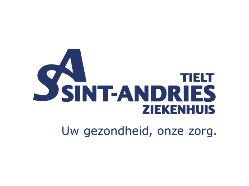 Logo van het Albert Schweitzer Ziekenhuis met de tekst 'Tielt Sint-Andries Ziekenhuis' en de slogan 'Uw gezondheid, onze zorg' in het Nederlands.