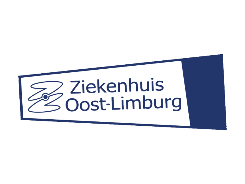 Een blauwe logo met de tekst 'Ziekenhuis Oost-Limburg' en een gestileerde afbeelding van een ziekenhuis in het logo.