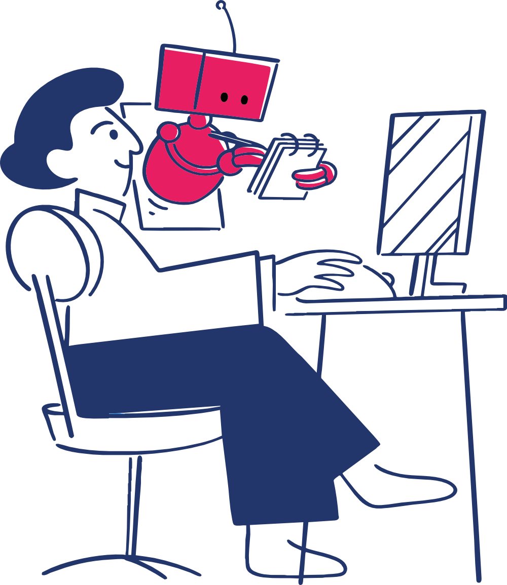 Een mens en een robot werken samen voor een computer in een minimalistisch, lijntekeningstijl.