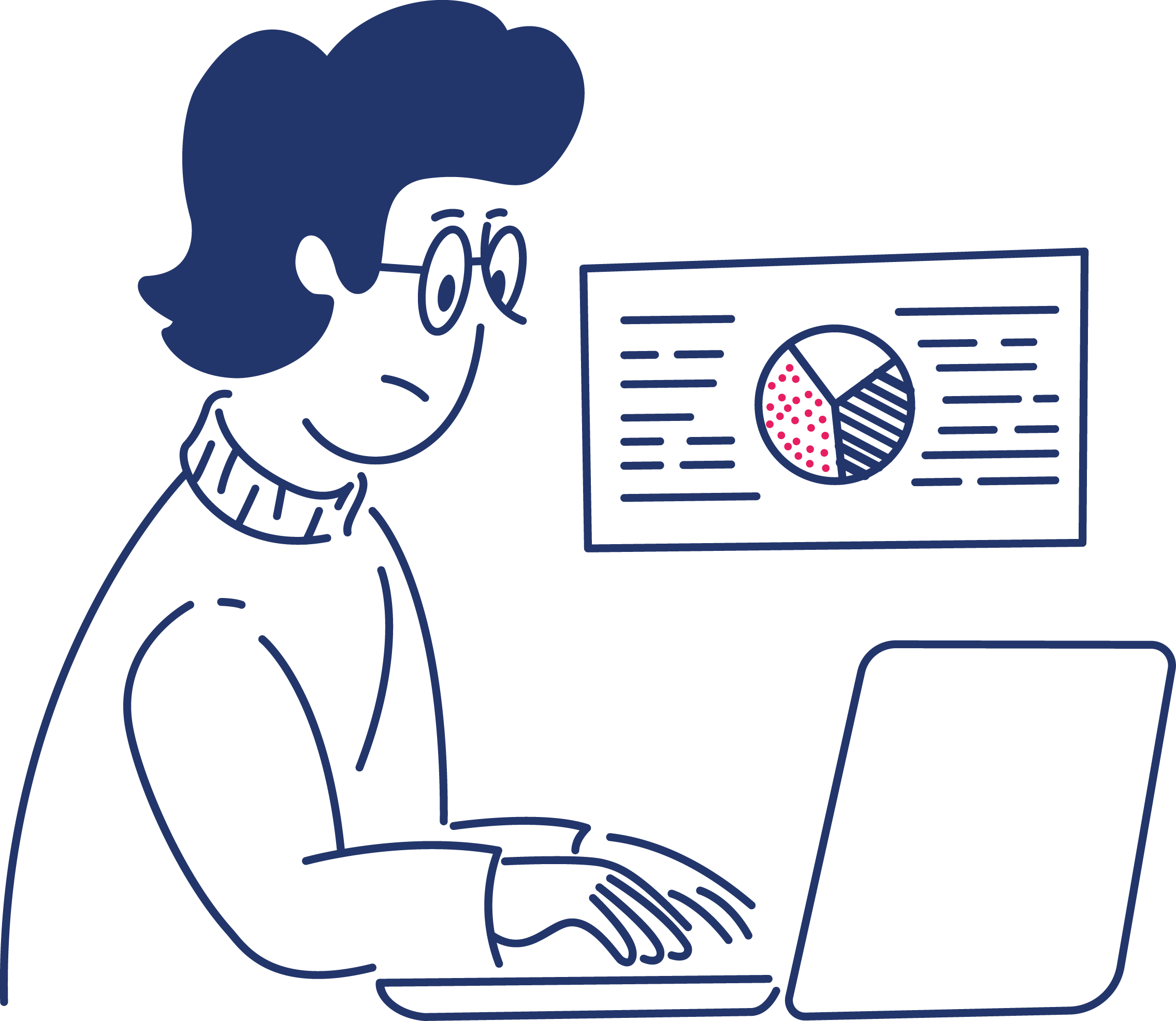 Illustratie van een persoon met verwarde haar die naar een computerscherm met grafieken en diagrammen kijkt.