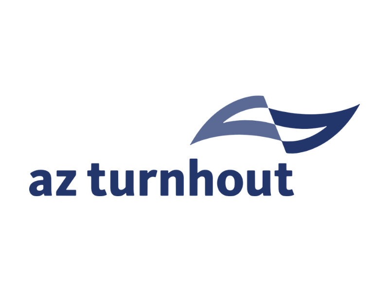 Logo van AZ Turnhout met blauwe golfvorm boven de tekst 'az turnhout' in blauwe letters.