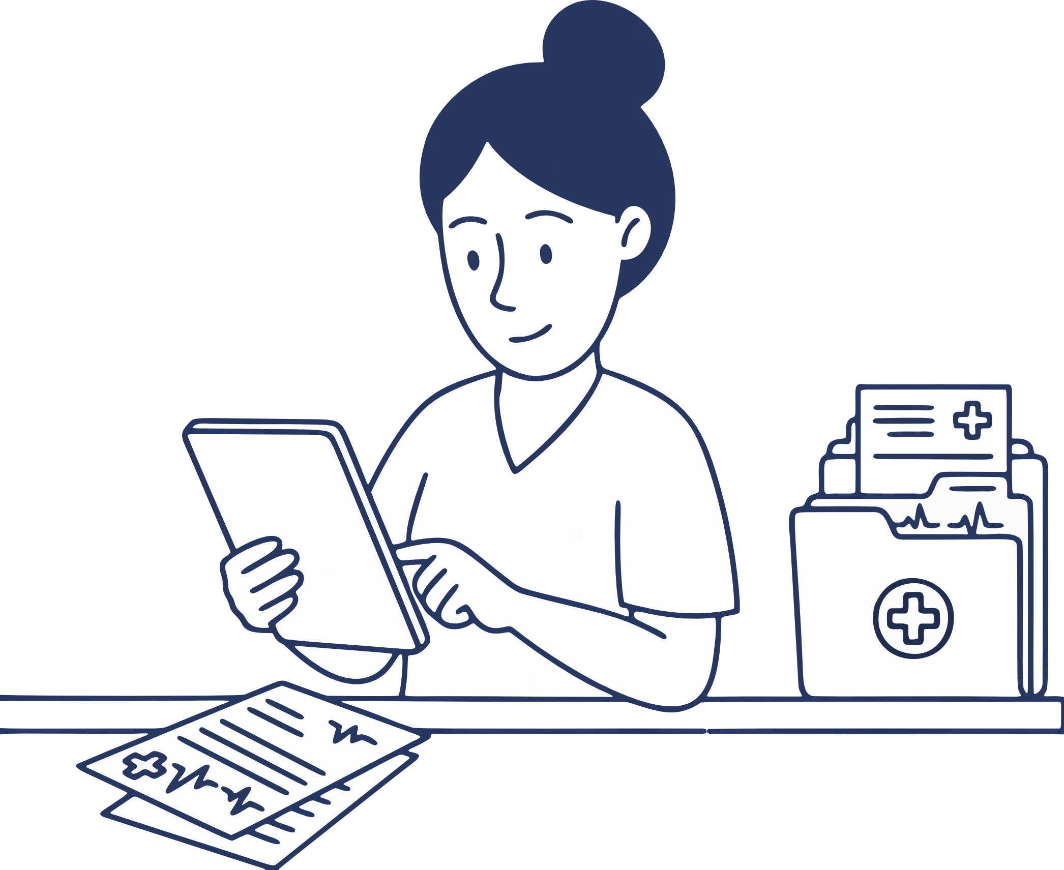 Illustratie van een persoon die documenten leest, met medische apparaten op de achtergrond, duidt op een medische of gezondheidscontext.