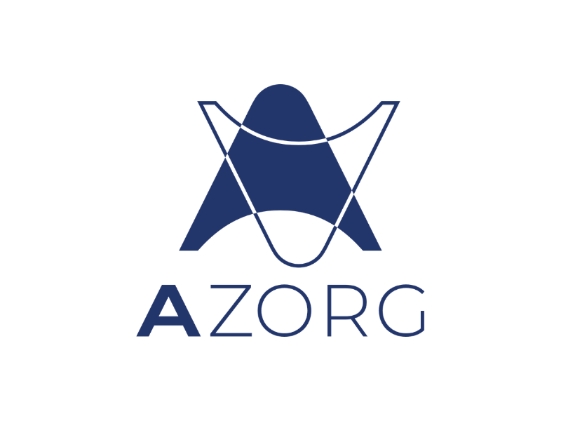 Een logo met een abstract symbool dat lijkt op een A en een Oceaan, gecombineerd met de tekst 'AZORG' eronder.