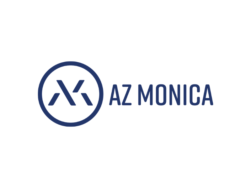 Logo met de tekst 'AZ MONICA' en een cirkel met een abstract symbool erin.