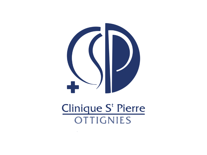 Logo van Clinique Saint Pierre Ottignies met een blauw icoon en tekst in het Frans en Nederlands.