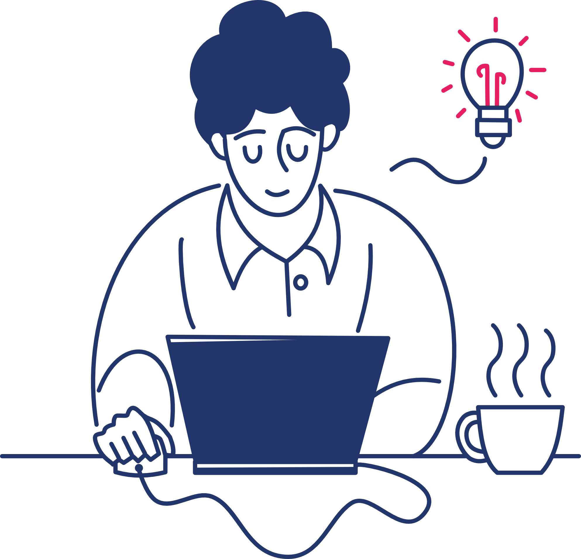 Illustratie van een persoon met een stethoscoop die voor een laptop zit, met een gloeilamp symbolen die ideeën en innovatie vertegenwoordigen.