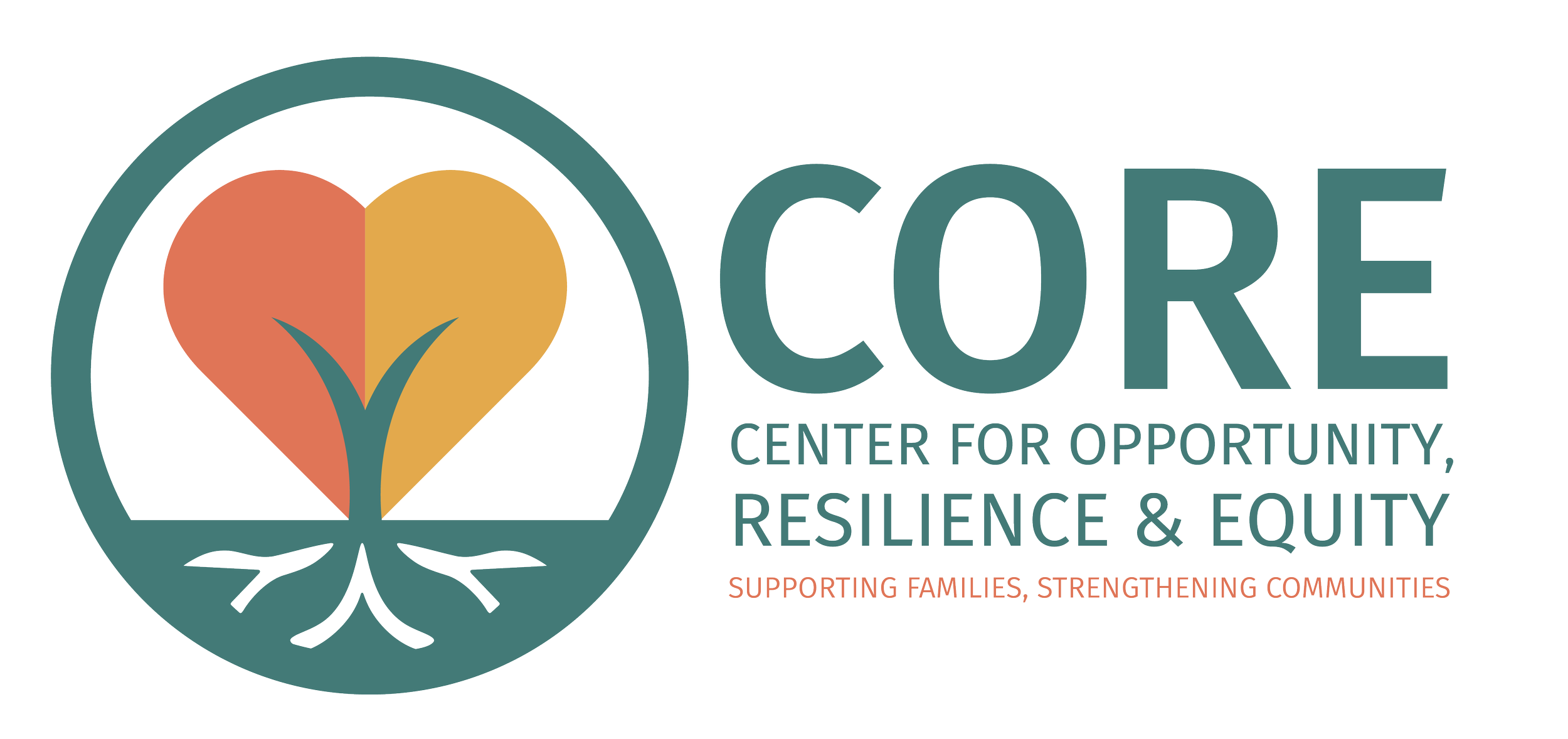 Logo of the Center for Opportunity, Resilience, and Equity featuring a heart with a plant growing inside, surrounded by text.