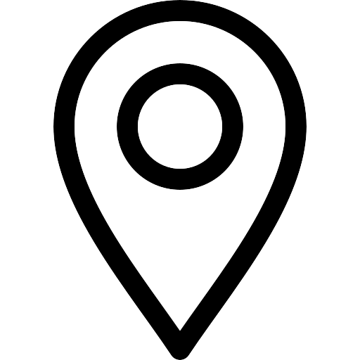 A black map pin icon with a white outline on a black background.