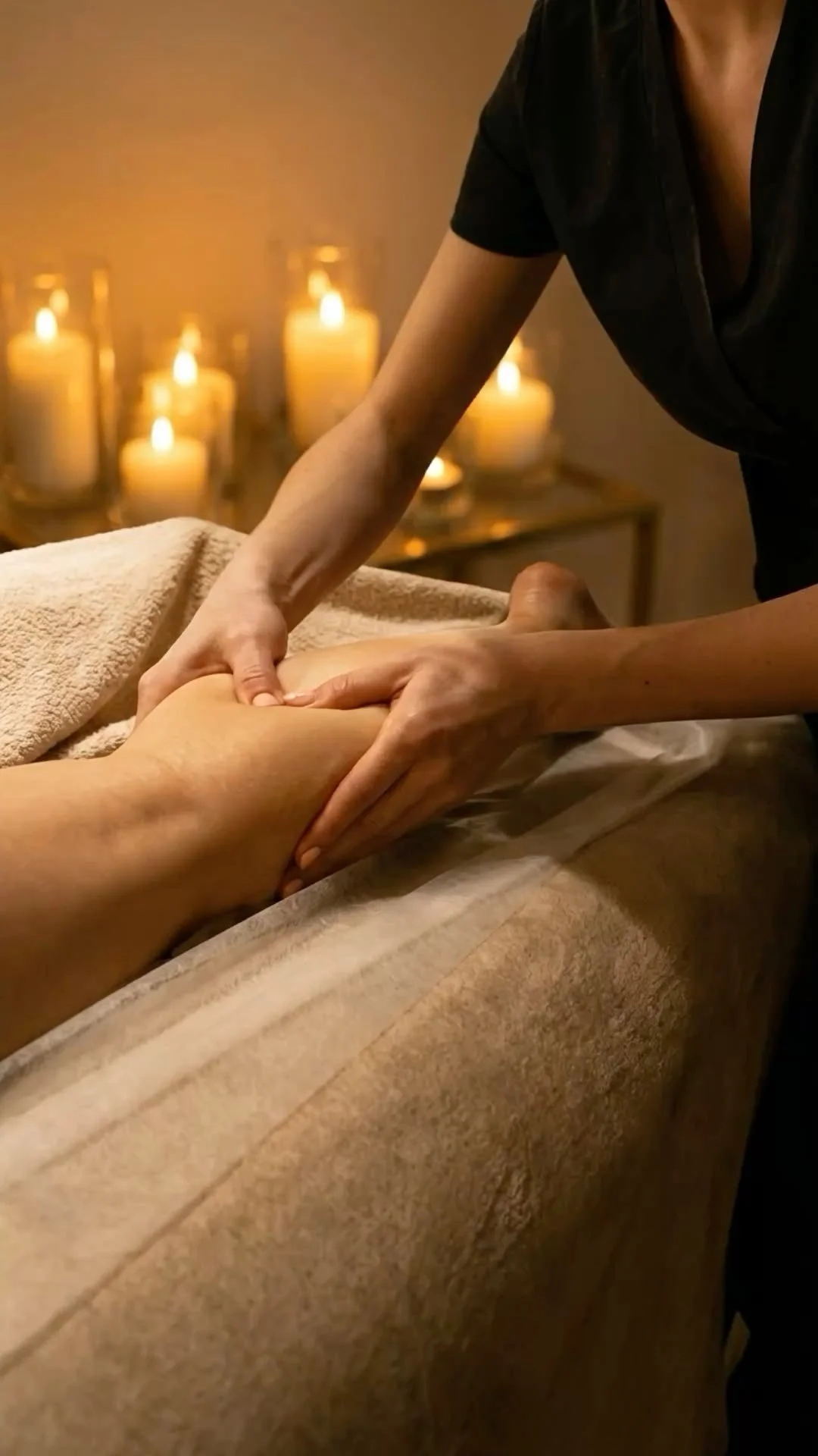 Une personne donne un massage à une autre personne sur une table de massage, avec des bougies allumées en arrière-plan, créant une ambiance relaxante.