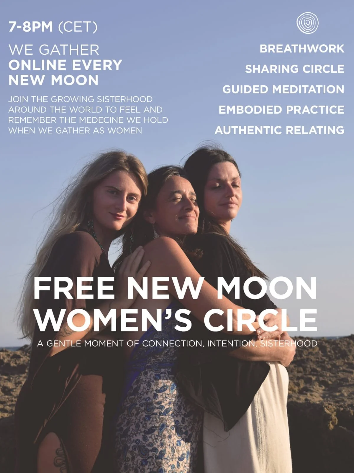 Three women embracing each other outdoors in front of a rocky landscape and a clear sky, with text overlay promoting a women's circle event happening online during the New Moon.