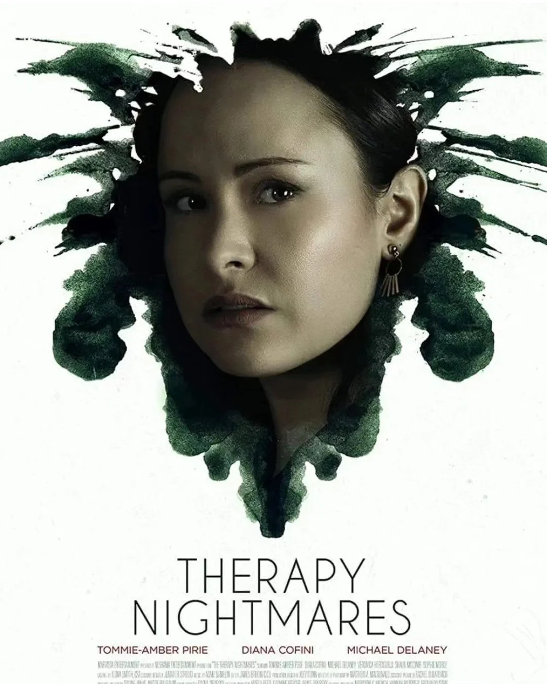 Poster for the movie 'Therapy Nightmares' featuring a woman’s face with dark watercolor splashes around her head.