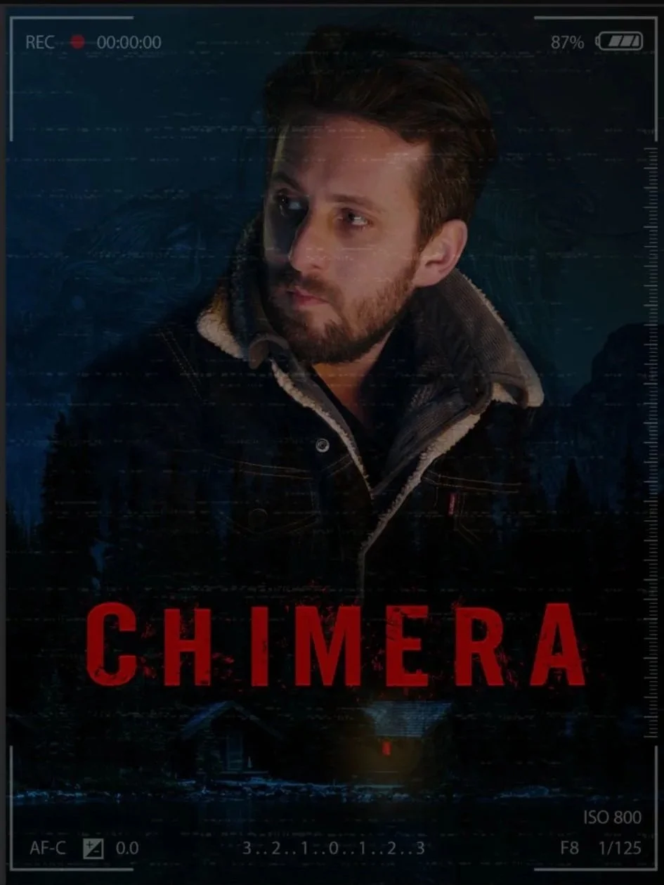 A movie poster showing Michael Joseph Delaney, a man with brown hair and a beard, looking to the side, wearing a black jacket with a shearling collar, set against a dark background with the word "Chimera" in red text.