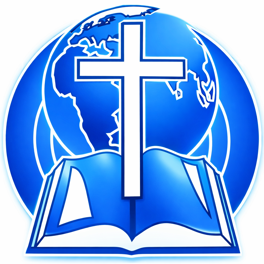 A blue globe with a white cross at the center, an open book at the bottom, and a map of the world in the background.