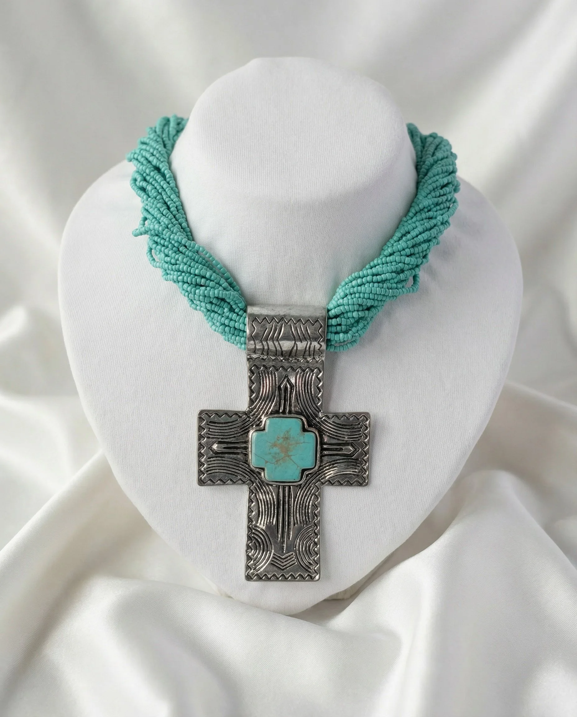 Southwestern Turquoise Cross Necklace with Beaded Collar