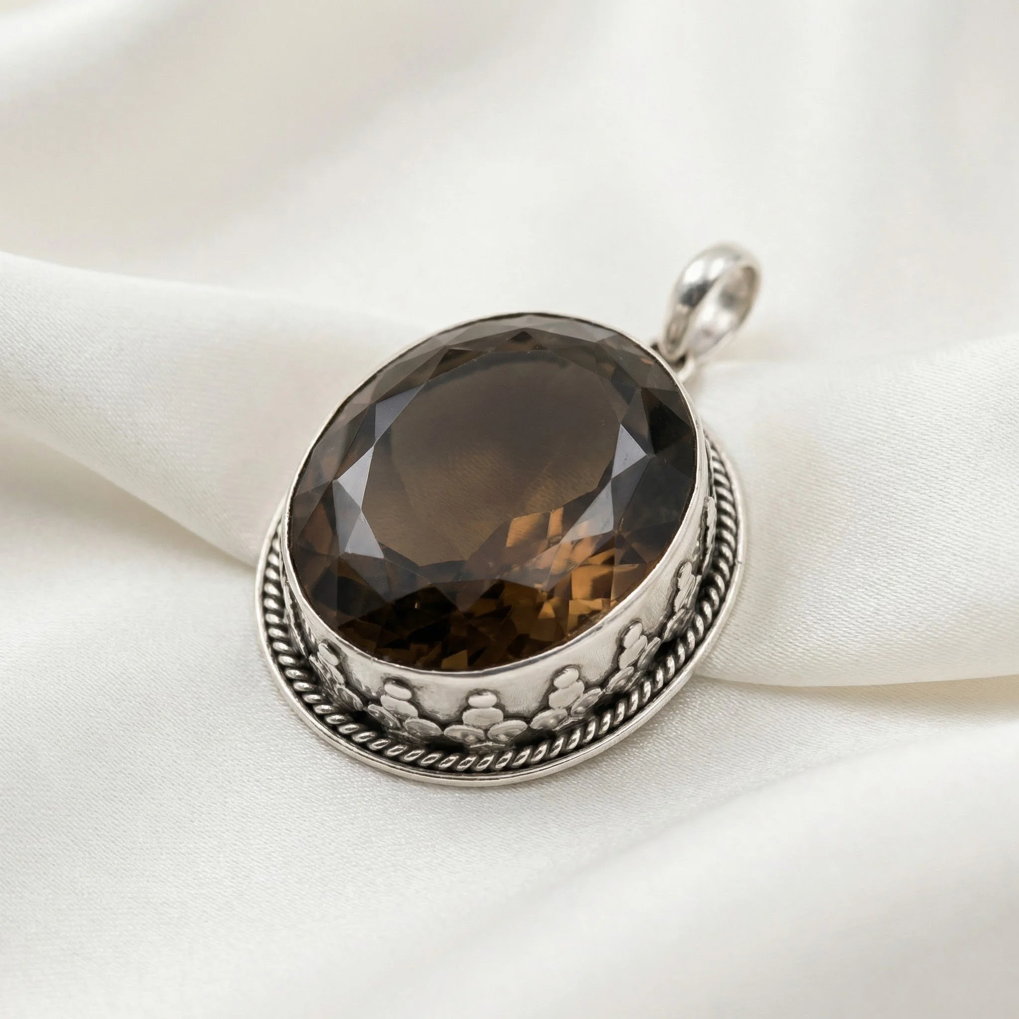 Large Faceted Smoky Quartz Sterling Silver Pendant