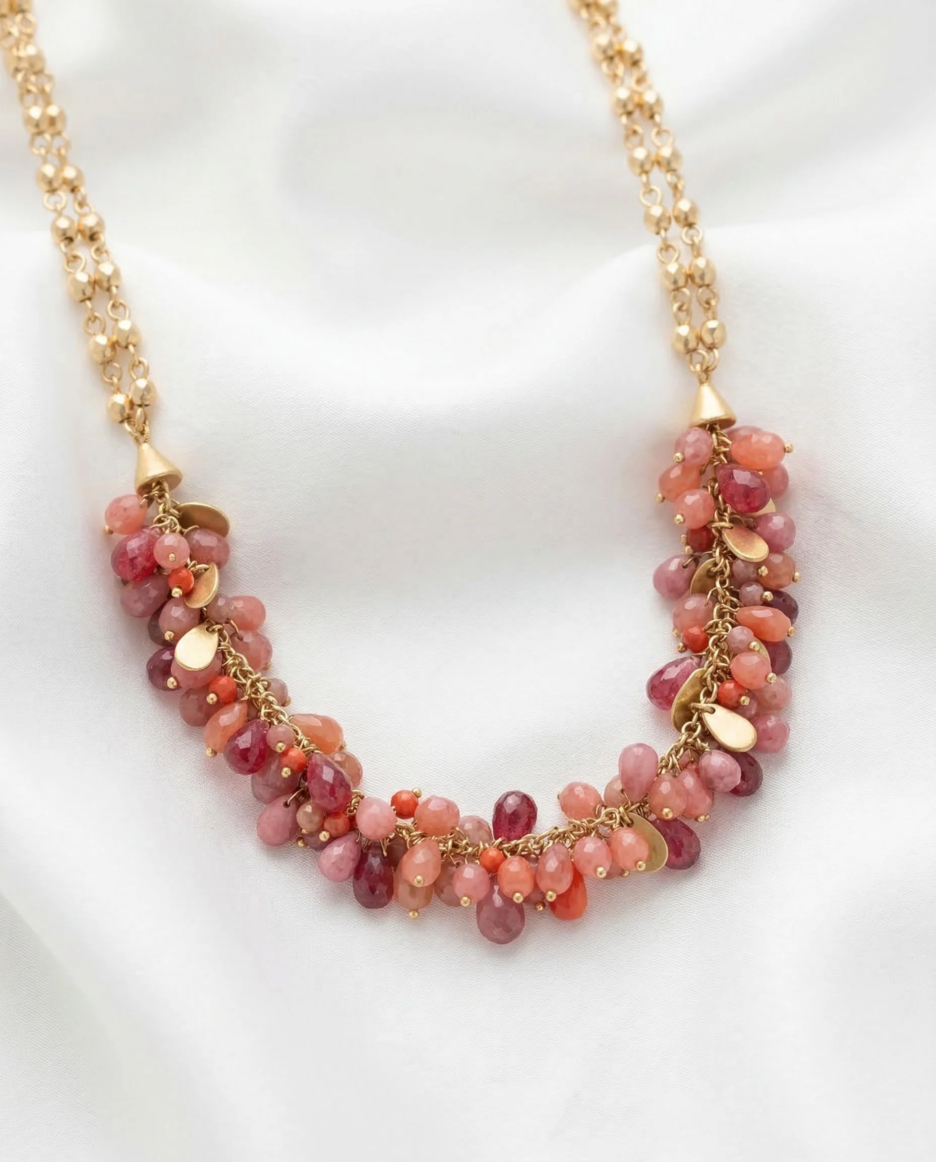 Pink Natural Stone Cluster Necklace with Gold-Tone Chain