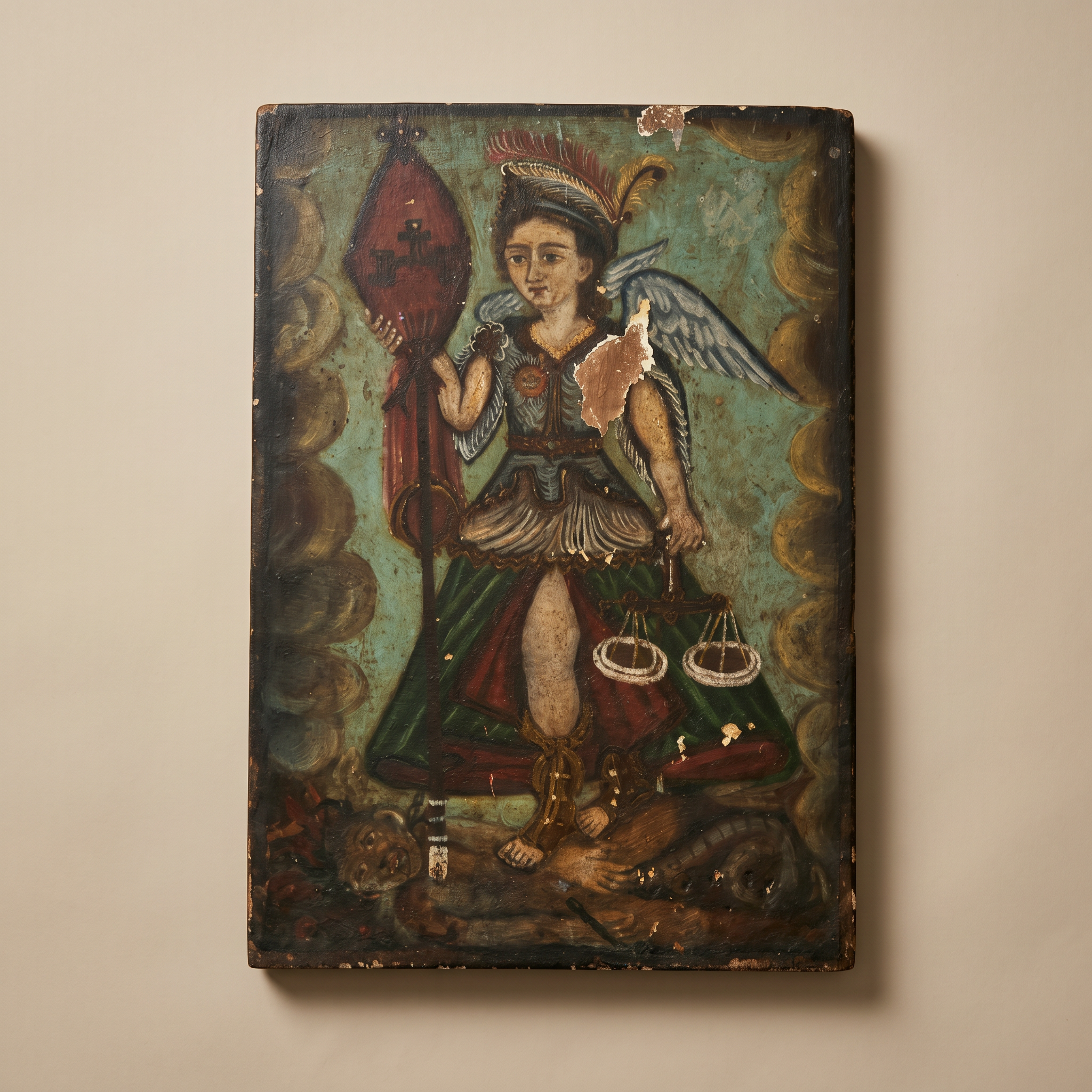 Archangel Saint Michael - Colonial-Style Oil on Wood Panel