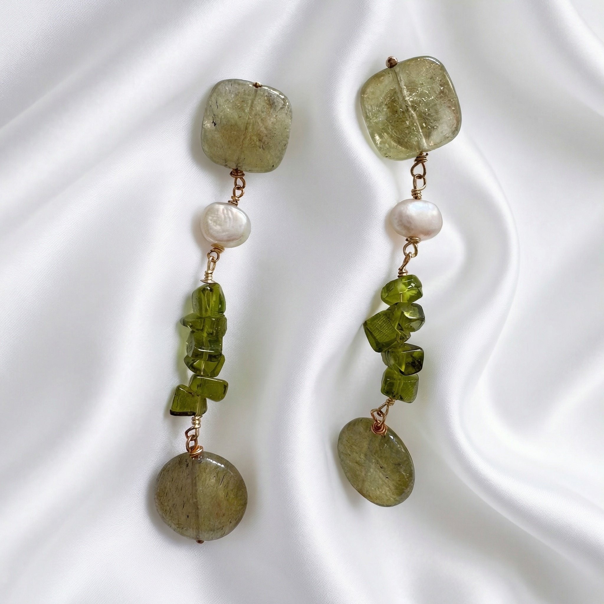 Green Gemstone And Pearl Drop Earrings