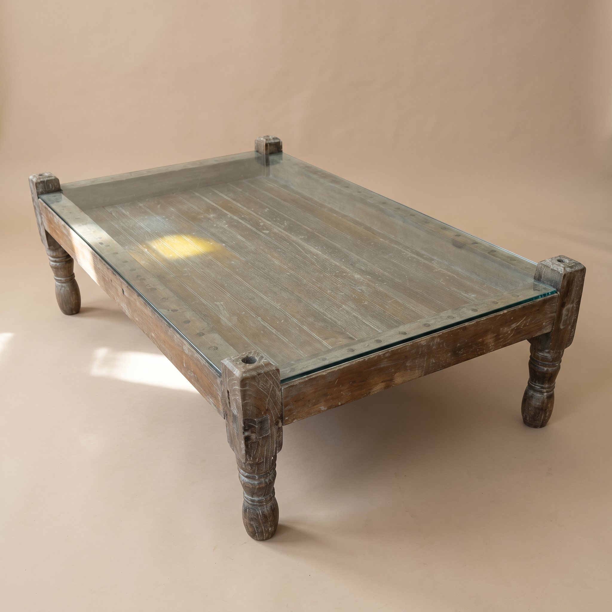 RUSTIC / COLONIAL-STYLE COFFEE TABLE WITH GLASS INSET TOP