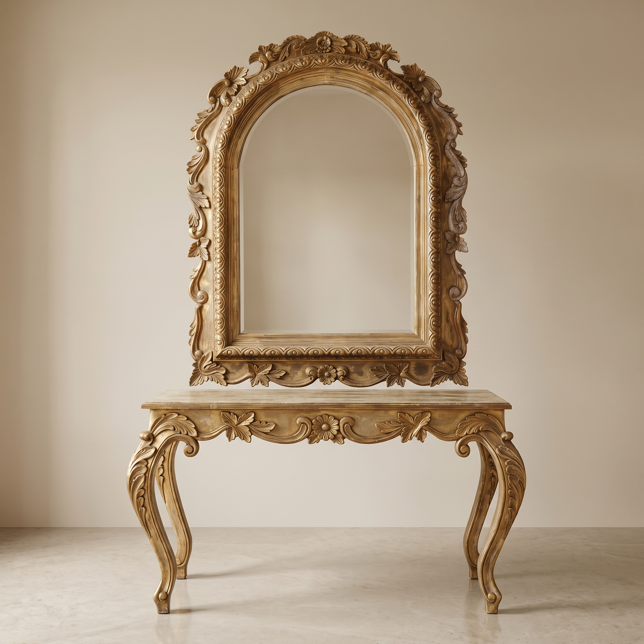 ORNATE ROCOCO-STYLE GILDED CONSOLE TABLE WITH MIRROR