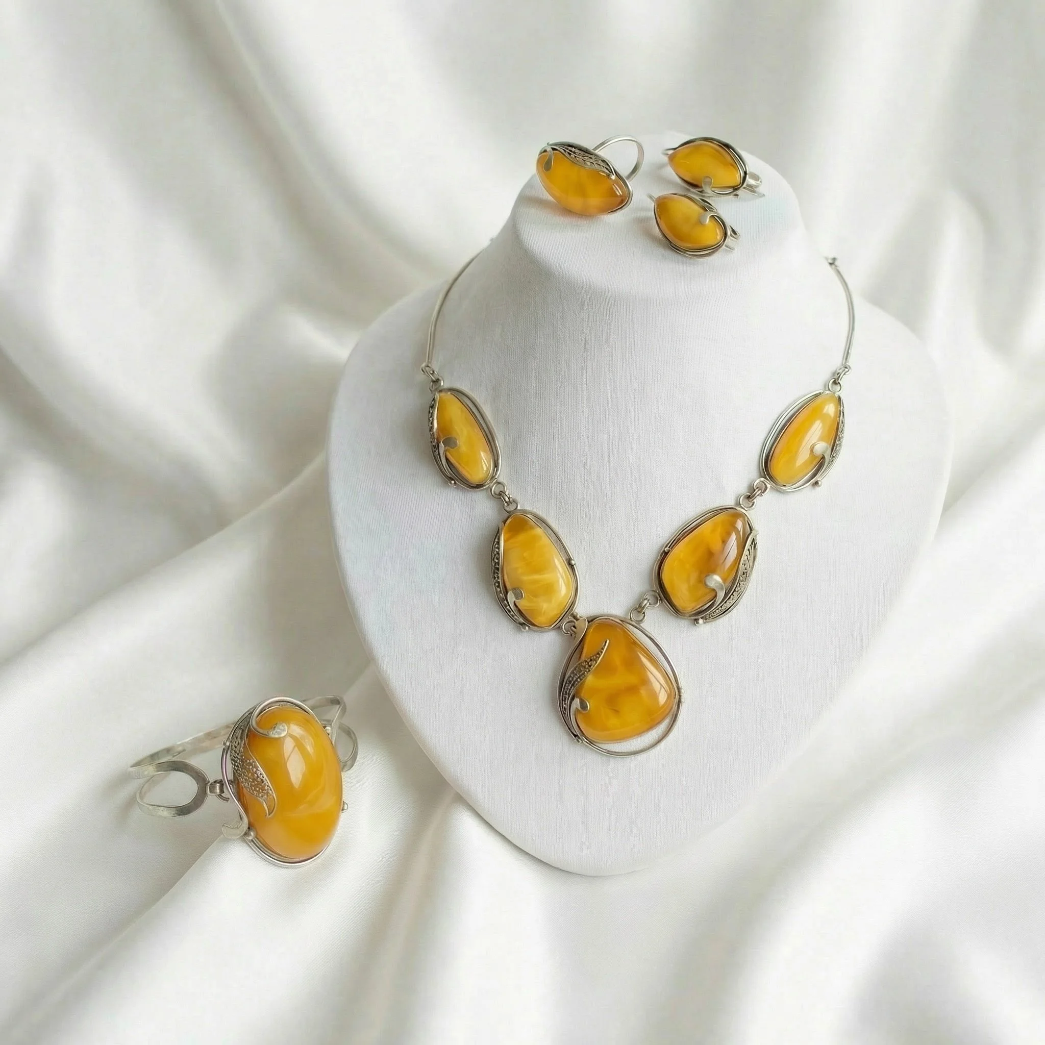 Baltic Amber Jewelry from Poland or Lithuania Silver and Honey Amber Cabouchon