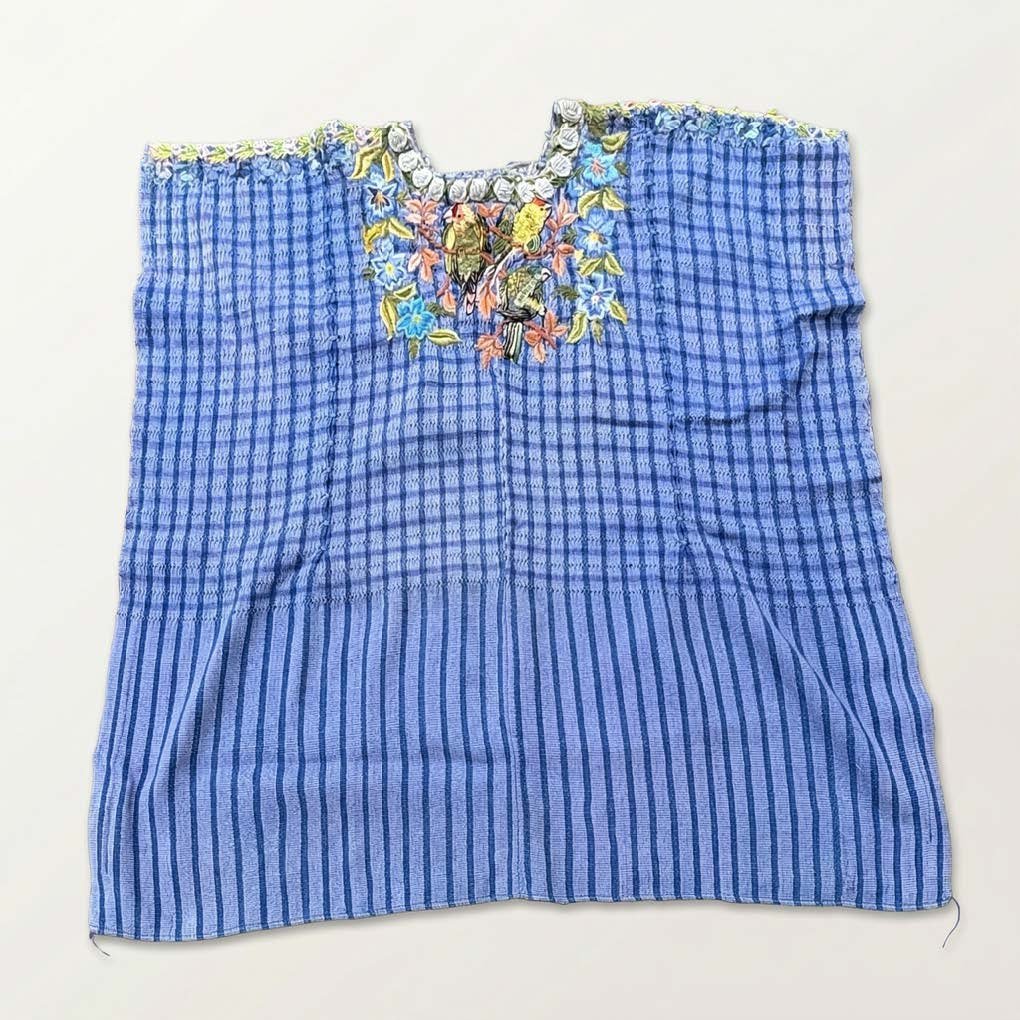 Handwoven Guatemalan Blue Jaspe Huipil – Embroidered Bird Detail