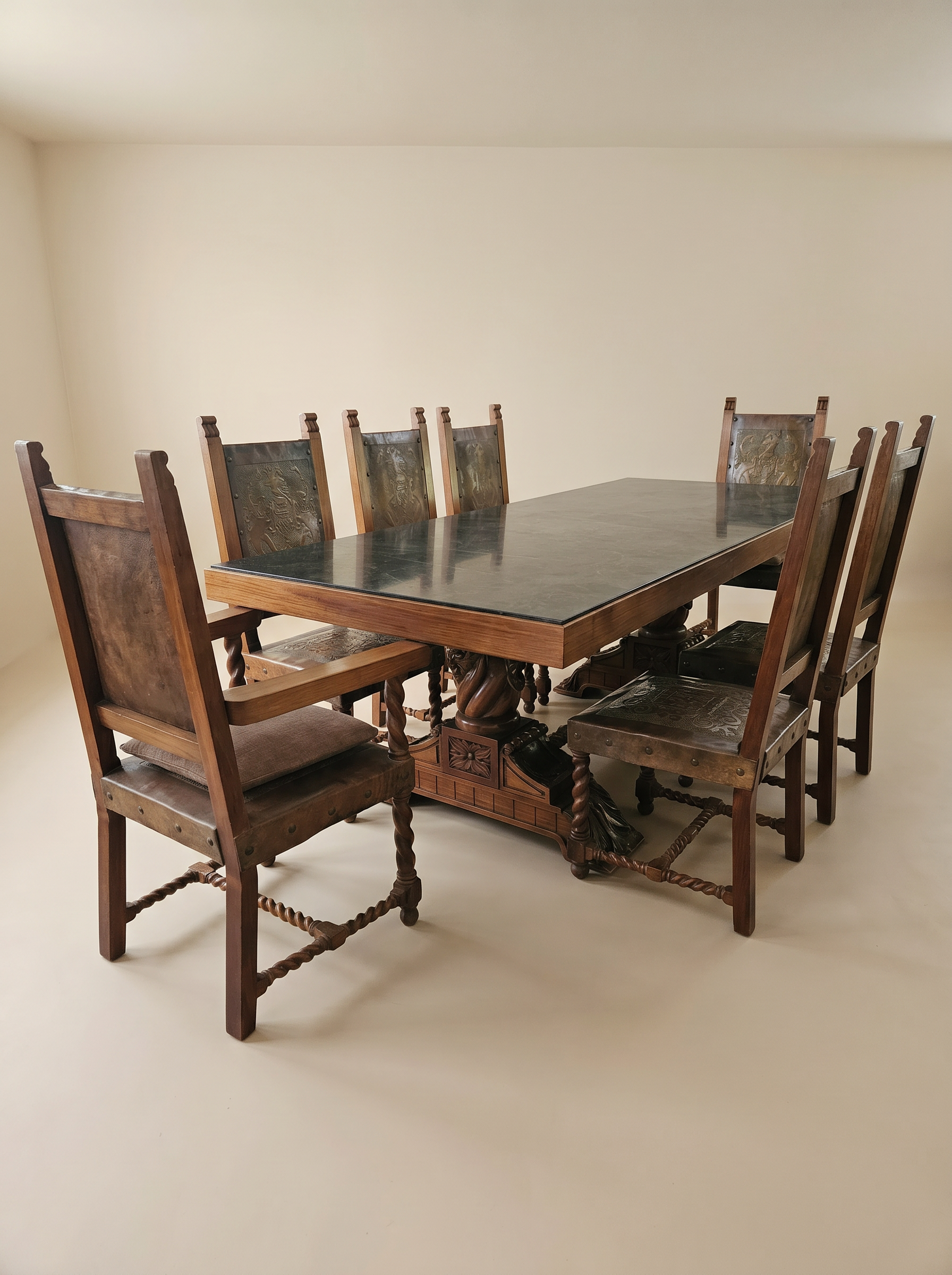 CARVED DINING TABLE WITH GREEN MARBLE TOP AND SET OF EIGHT CHAIRS