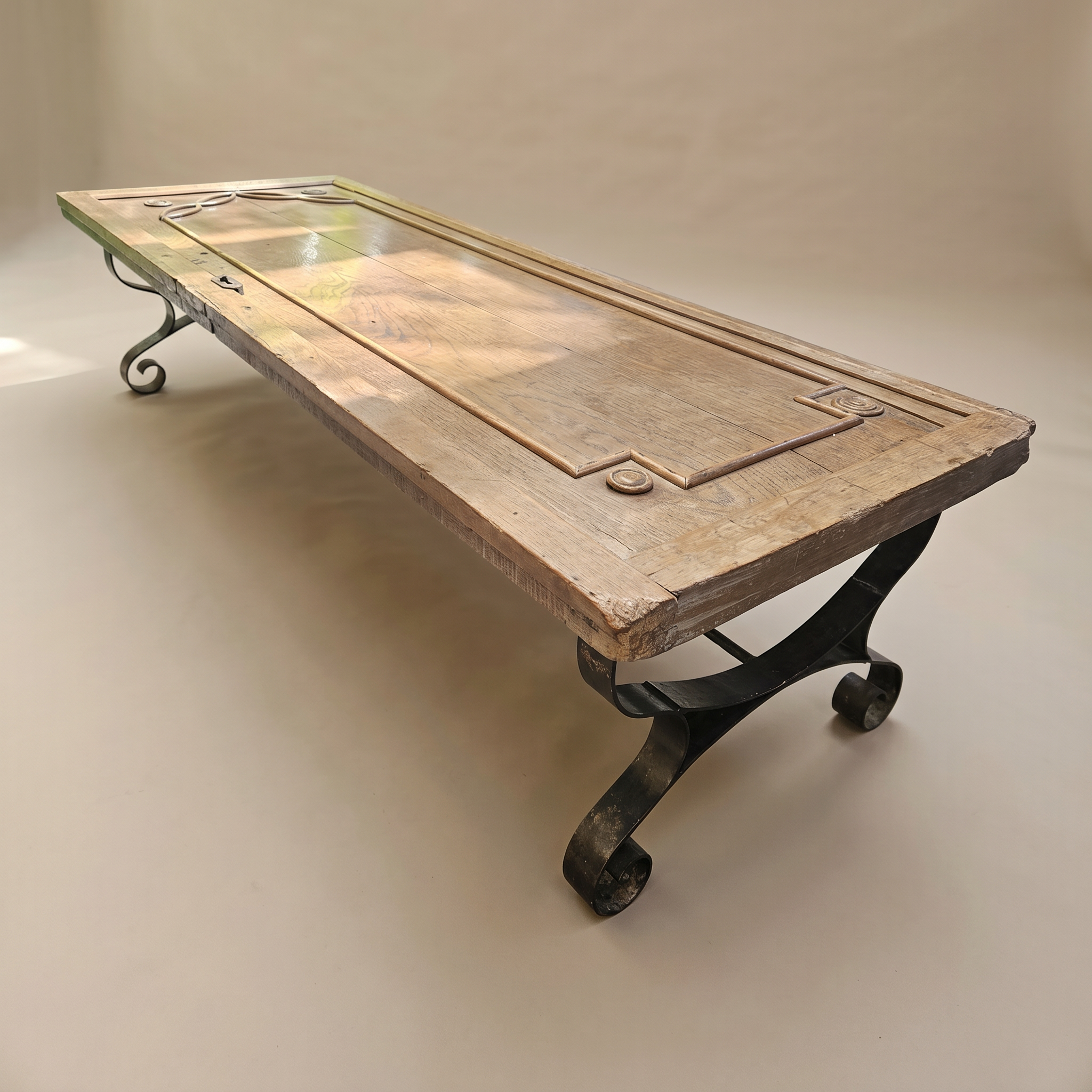 ANTIQUE DOOR CONVERTED INTO COFFEE TABLE W/ WROUGHT IRON BASE