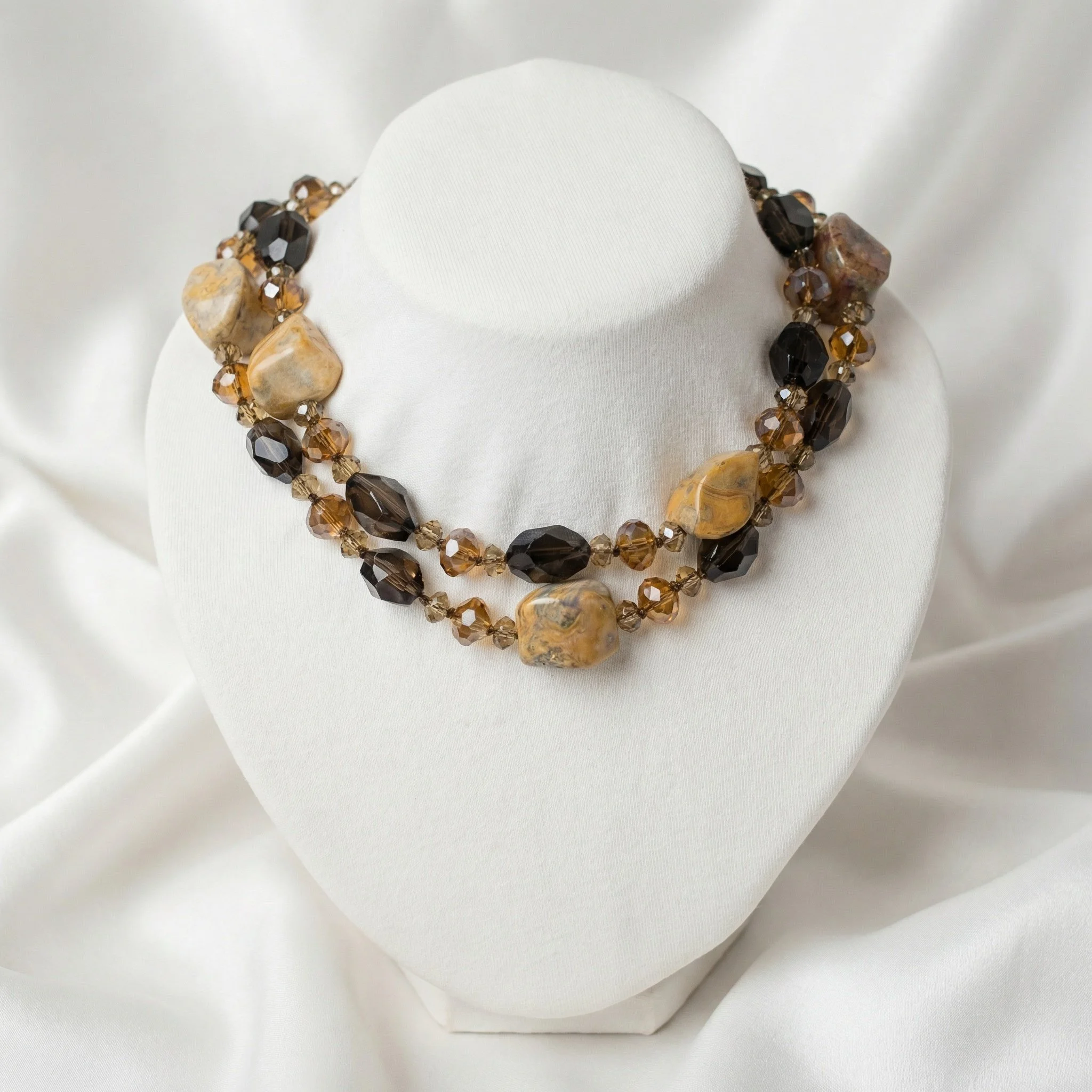 Long Brown Smokey Quartz, Crystal and Jasper Necklace