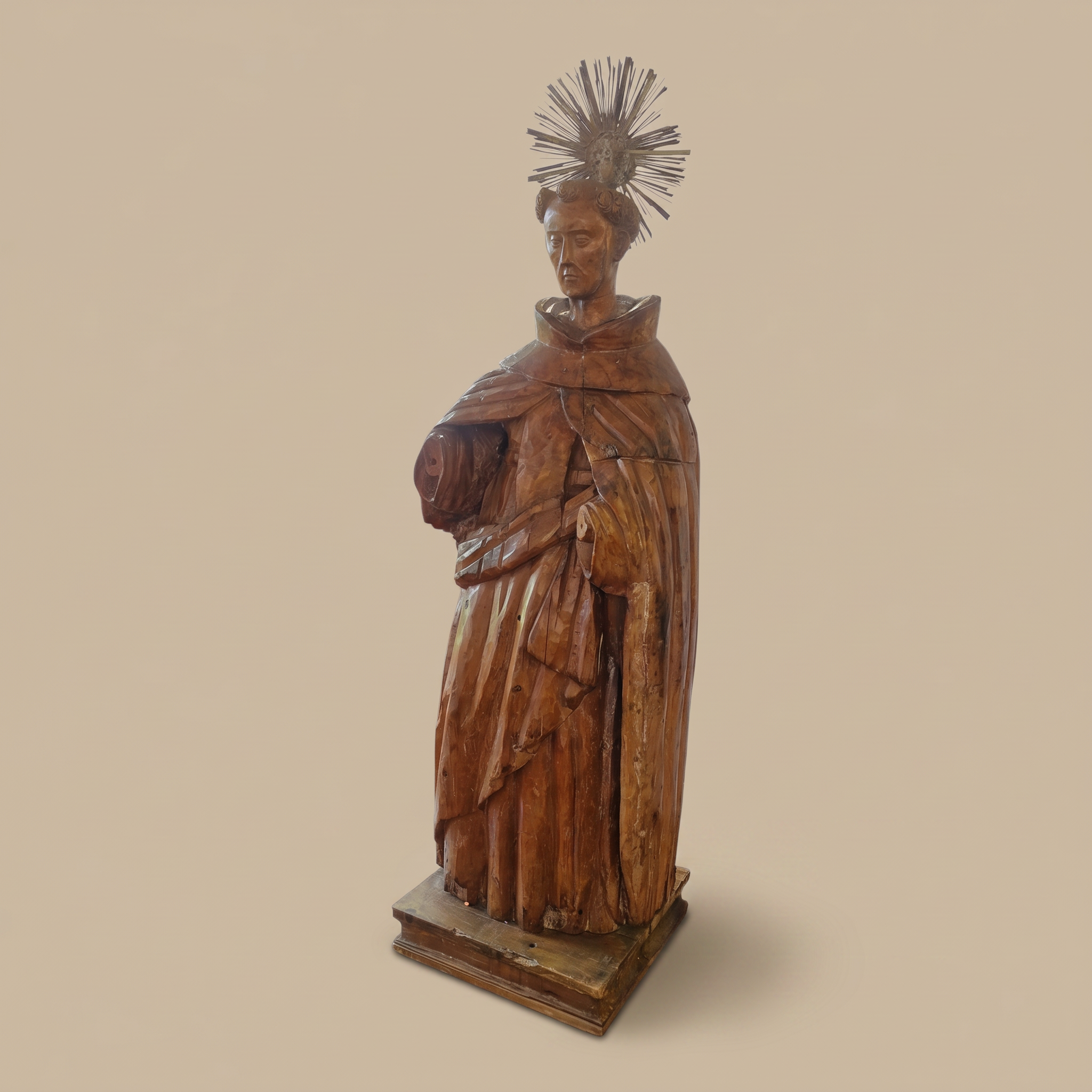 Antique Natural Wood Carving of a Monk Saint – Exquisite Detail & Spiked Metal Halo