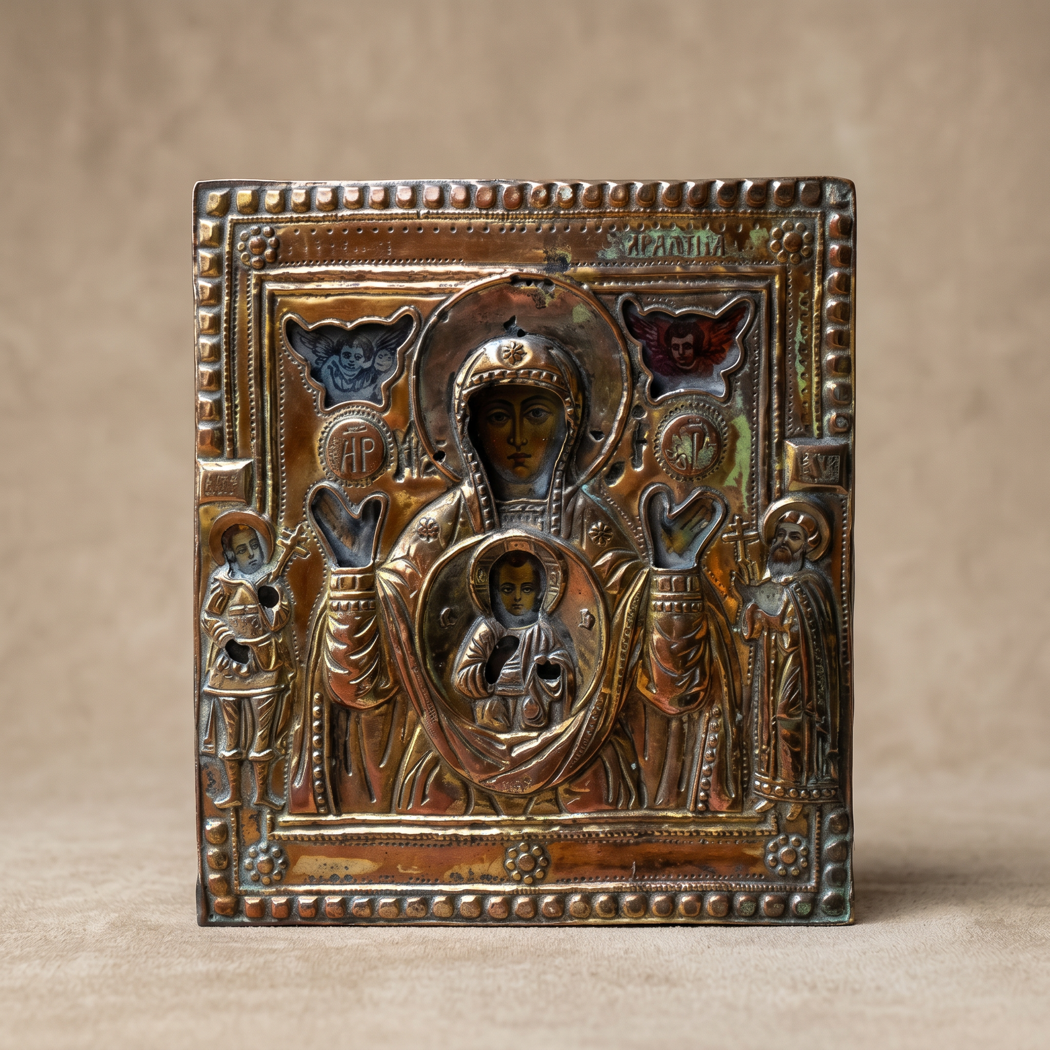 Antique Religious Icon – Theotokos with Child, Saints, and Cherubim
