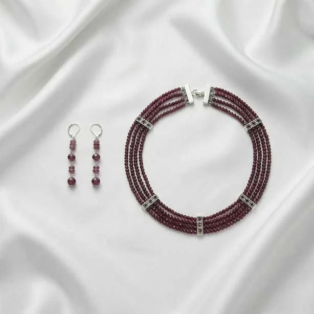 DROP EARRINGS AND Multi- Strand Garnet Accent Choker Set