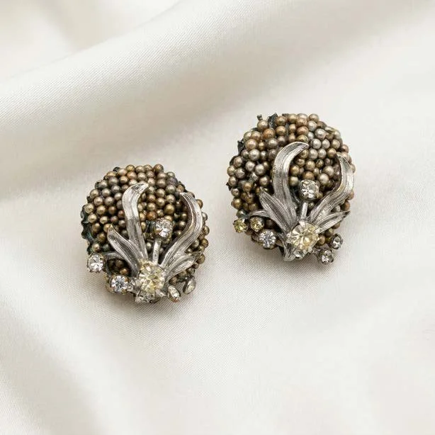 Vintage Earrings with Beaded Texture and Crystals