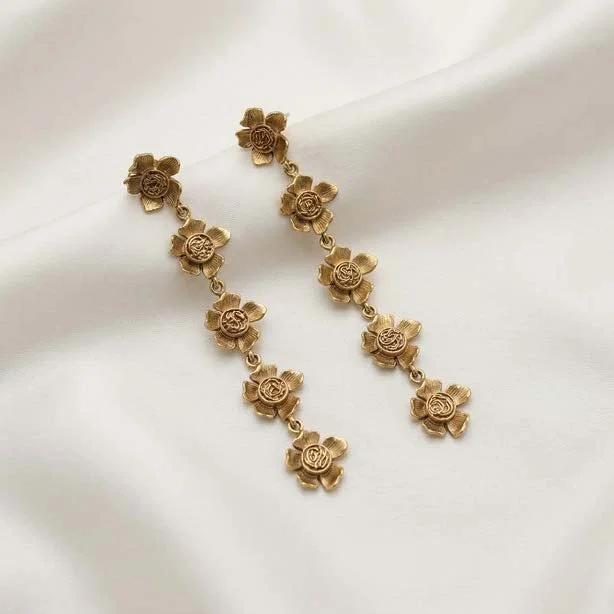 Long Gold-Tone Floral Drop Earrings